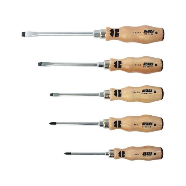 Screwdriver assortment, wooden handle, 5 pcs. - SCRDRIV-SET-WO-PH/SL