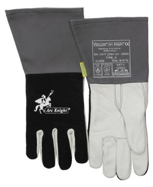 Picture of ARC KNIGHT® WELDING GLOVE FOR HIGH COMFORT AND ALL WELDING APPLICATIONS. BLACK SPLIT AND WHITE GRAIN COWHIDE 
